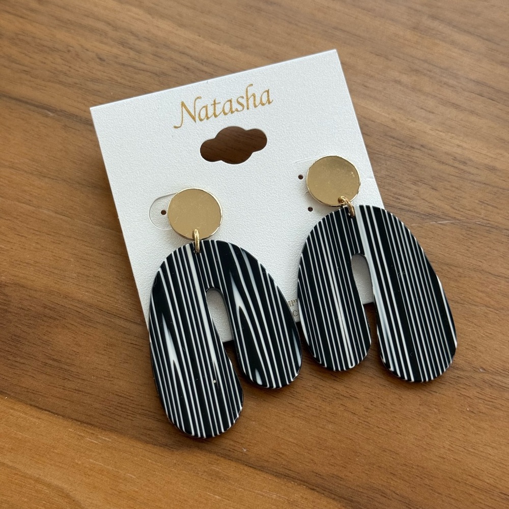 Natasha Couture Black and White Striped Earrings